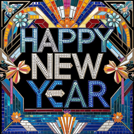 The phrase "HAPPY NEW YEAR" is presented in bold, mosaic lettering with letters filled with small, shimmering tiles in shades of blue, white, and silver. This text is framed by an intricate Art Deco-style mosaic featuring geometric patterns, stylized flowers, and radiating sunbursts in a variety of colors.の素材