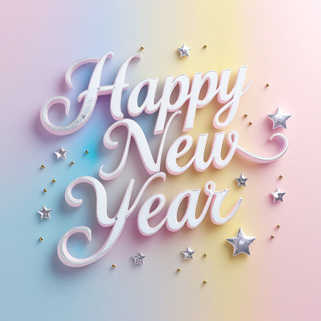 The phrase "Happy New Year" is rendered in a graceful, flowing script font with a soft pastel gradient background that blends yellow, blue, and pink. The white letters have a subtle silver outline and are adorned with small silver stars and tiny gold dots, creating a sophisticated and celebratory New Year's message.の素材