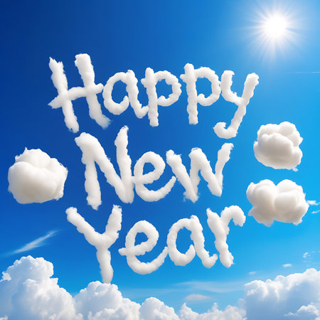 The words "Happy New Year" are artfully formed from fluffy white clouds against a clear, bright blue sky. Several smaller cumulus clouds are scattered around the text, adding depth and texture to the scene. The sun shines brightly in the upper right corner, casting a warm glow. This image conveys a cheerful and optimistic message for the new year.の素材