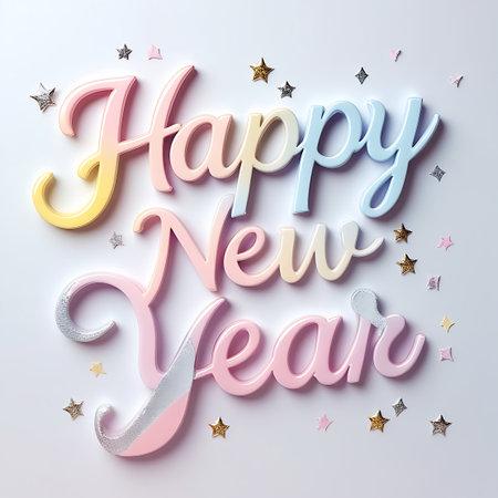 The words "Happy New Year" are written in an elegant, flowing script font with a pastel color gradient, transitioning from yellow to pink to blue. The letters have a subtle silver sheen and are surrounded by small, sparkling star confetti in pink, silver, and gold, set against a clean white background.の素材