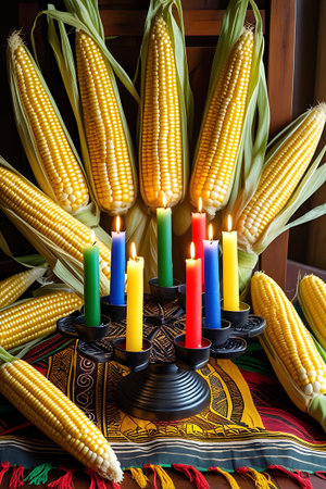 This image depicts a Kwanzaa celebration setup. Several ears of corn, still in their husks, are arranged around a black candelabra holding seven lit candles in various colors: green, blue, yellow, and red. The candelabra sits on a vibrantly patterned woven cloth with red, yellow, green, and black accents. The background suggests an indoor setting with a wooden chair visible. The scene evokes a sense of tradition, harvest, and cultural celebration.の素材