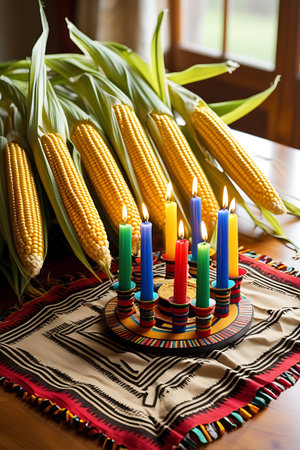 A close-up view of a Kwanzaa celebration arrangement. Multiple ears of corn, with their husks, are fanned out around a colorful, multi-tiered candelabra holding seven lit candles in green, blue, yellow, and red. The candelabra rests on a richly patterned fabric with geometric designs and fringed edges in red, yellow, and green. The scene is set on a wooden table, suggesting a warm and traditional gathering.の素材