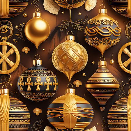 Chains showing luxurious gold and black christmas ornaments with egyptian motifs keywords: christmas ornaments, gold, black, luxury, festive, holiday, decoration, bauble, ornament, christmas tree, festive season, ornate, intricate, pattern, traditional, celebration, new year, winter, shiny, metallic, glossy, elegant, rich, detailed, ornamental, decorative, hanging, baubles, holiday decor, festive decor, christmas decor, seasonal, ornate design, holiday spirit, celebratory, traditional decor,...の素材