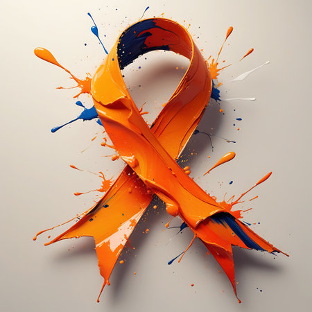 An abstract orange ribbon, symbolizing awareness or support, is depicted with dynamic splashes of blue and white paint. The ribbon itself appears to be formed from thick, textured paint, with drips and splatters extending outwards. The background is a light, neutral color, allowing the vibrant orange and blue paint elements to be the focal point of the composition.の素材