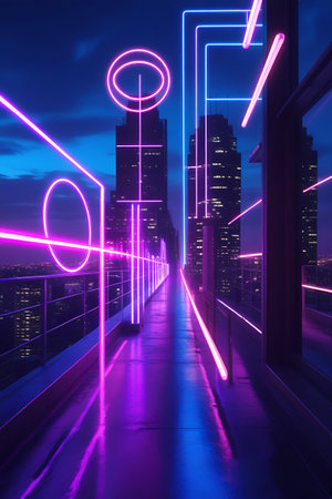 A perspective view down a neon-lit urban walkway or corridor. Bright purple and blue neon lines and geometric shapes, including ovals and straight lines, create a futuristic aesthetic. The walkway overlooks a dense cityscape with illuminated skyscrapers under a dark night sky. The floor is wet and reflective.の素材