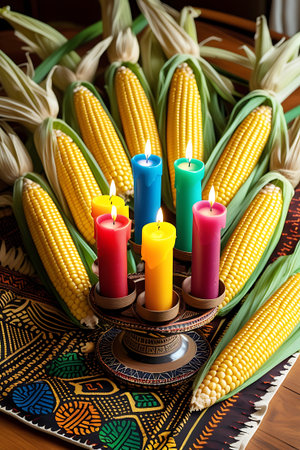This image showcases a Kwanzaa celebration with ears of corn arranged in a semi-circle. A decorative candelabra holds six lit candles in vibrant colors: red, yellow, blue, green, and pink. The candelabra is placed on a fabric with a striking geometric pattern featuring green, yellow, black, and orange elements. The corn stalks and husks frame the central display, creating a rich and culturally significant visual.の素材