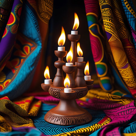 A multi-tiered wooden candelabrum with intricate carvings holds eight burning candles. The warm, flickering flames create a gentle glow, illuminating the surrounding area. The candelabrum is draped with colorful, patterned fabric, adding a rich and evocative backdrop to the scene. The composition evokes a sense of ceremony, ritual, or warm ambiance.の素材
