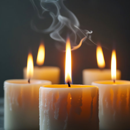 A group of five white pillar candles are lit, with their flames creating a warm, inviting glow. White smoke rises from each wick, forming delicate, swirling patterns against a dark, muted background. The candles in the foreground are in sharp focus, while those further back are softly blurred, creating a sense of depth.の素材