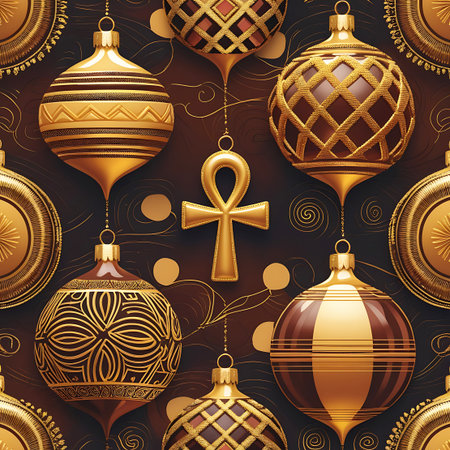 Chains showing ornate gold christmas ornaments and ankh symbols on dark background keywords: christmas ornaments, gold, ankh, egyptian symbol, luxury, festive, holiday, decoration, bauble, ornament, christmas tree, festive season, ornate, intricate, pattern, traditional, celebration, new year, winter, shiny, metallic, glossy, elegant, rich, detailed, ornamental, decorative, hanging, baubles, holiday decor, festive decor, christmas decor, seasonal, ornate design, holiday spirit, celebratory,...の素材