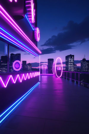 A futuristic rooftop balcony is illuminated by vibrant purple and blue neon lights. Geometric neon shapes, including circles and zigzags, line the balcony's edge and railing. The scene overlooks a sprawling cityscape with illuminated skyscrapers under a twilight sky with clouds. The floor reflects the neon glow.の素材