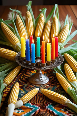 An elaborate Kwanzaa celebration display features numerous ears of corn arranged around an ornate, metallic candelabra. The candelabra holds seven lit candles in a spectrum of colors including yellow, blue, green, orange, red, and purple. It stands on a patterned fabric with intricate geometric designs and fringed edges. The corn, with its husks, creates a natural and abundant backdrop for the symbolic candles, set against a wooden surface.の素材