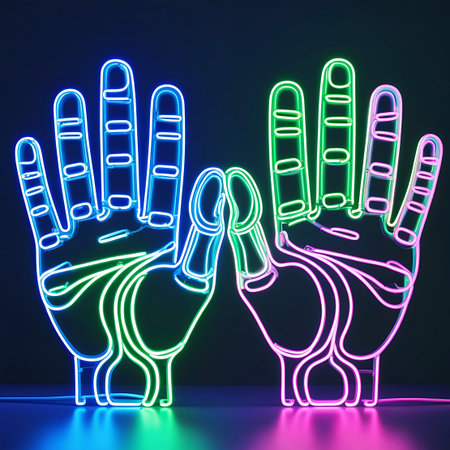 Two stylized neon hand gestures are illuminated against a dark, moody background. The left hand glows in vibrant blue and green, while the right hand is lit with pink and purple. The neon tubes outline the shape of open palms and fingers, creating a striking and modern visual. The lights cast a subtle glow on the surface below, suggesting a studio or exhibition setting. The overall impression is one of dynamic energy and contemporary art.の素材