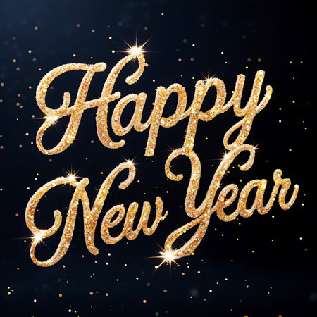 The words "Happy New Year" are rendered in elegant, flowing script, completely covered in sparkling gold glitter. The text shines brightly against a dark, almost black background, with scattered golden dots and bokeh effects adding to the festive and luxurious atmosphere. The overall effect is dazzling and celebratory, perfect for a New Year's greeting.の素材