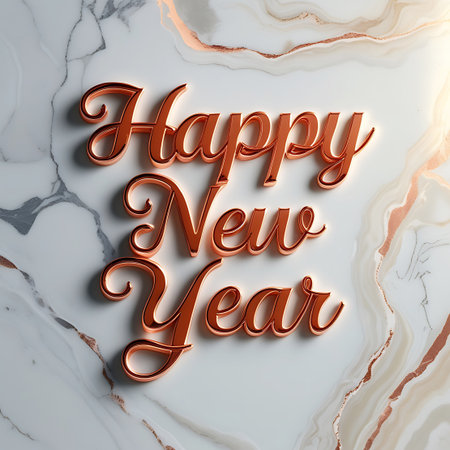 Elegant rose gold script lettering reads "Happy New Year" with a soft light source illuminating the top right of the image. The text is rendered in 3D with a metallic sheen, set against a sophisticated white marble background featuring grey veining and delicate rose gold mineral-like inclusions.の素材