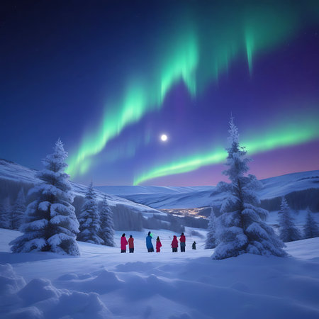 A group of people stand in a snowy landscape, gazing in awe at the spectacular green and purple aurora borealis stretching across the dark night sky. Snow-covered pine trees frame the scene, with a full moon and distant lights from a village visible on the horizon.の素材