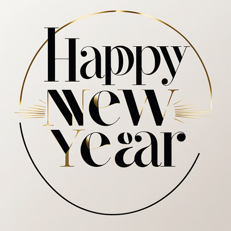 This image displays the words "Happy New Year" in a stylish combination of black and gold typography. The word "Happy" is in black, while "New Year" features gold accents and a more decorative script. The text is contained within a circular frame, with subtle golden rays emanating from behind the word "New". The background is a soft, light, neutral color, providing a gentle contrast to the text.の素材