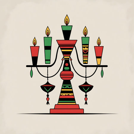 A stylized illustration of a Kwanzaa kinara, a seven-branched candelabra, is depicted with five lit candles. The kinara features a central pedestal with decorative bands of red, green, and black, adorned with geometric patterns. Two hanging ornaments, also in red, green, and black, dangle from the arms of the candelabra. The candles themselves are colored red, green, and black, with yellow flames flickering at their tips. The overall design is graphic and abstract, rendered in bold colors...の素材