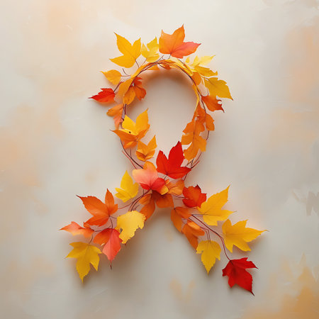 A stylized awareness ribbon is formed by a collection of autumn maple leaves in shades of red, orange, and yellow. The leaves are arranged along thin, dark branches, creating a flowing and organic shape. The composition is set against a soft, textured, light-colored background, emphasizing the autumnal colors and the symbolic form of the ribbon.の素材