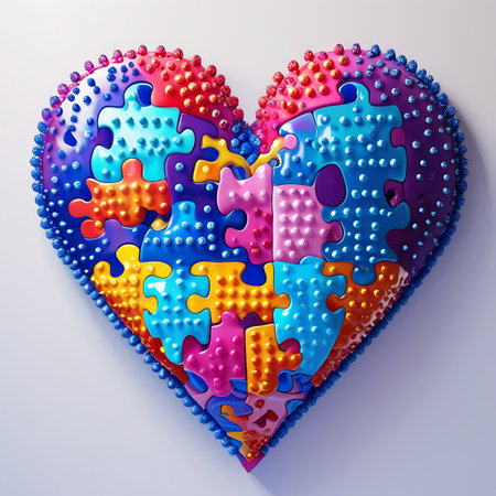 A heart-shaped object is formed from interlocking puzzle pieces, creating a visually dynamic and textured surface. The puzzle pieces themselves are a mix of bright colors such as blue, pink, yellow, and orange. The entire surface of the heart is covered in small, raised bumps, giving it a unique tactile quality. The outer edge of the heart is adorned with a decorative border of small, rounded beads in shades of blue and red. The image is set against a plain white background.の素材