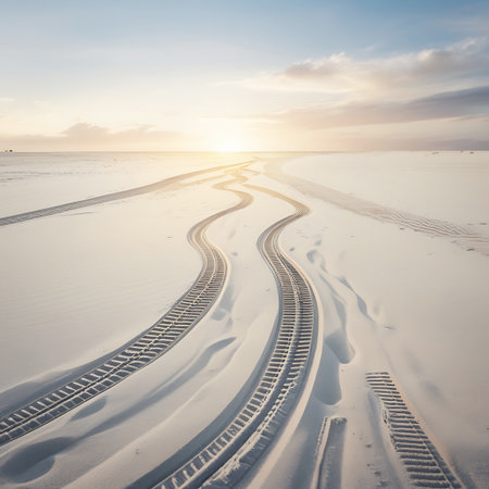 This image captures a surreal landscape of a vast, white sandy desert. Prominent, winding tire tracks from a vehicle create a distinct pattern across the smooth, undulating sand. The scene is illuminated by the soft, warm glow of a sunset or sunrise, casting long shadows and highlighting the texture of the sand and the tracks. The sky is clear with a few wispy clouds on the horizon.の素材