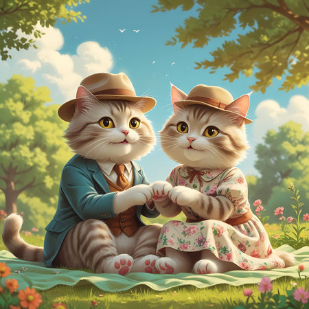 Two anthropomorphic cats, dressed in vintage formal wear including hats, are seated on a green picnic blanket in a sun-dappled meadow. The male cat wears a teal jacket, a brown vest, and a tie, while the female cat wears a floral dress. They are holding hands and looking towards the viewer with gentle smiles. The background features trees, green grass, and small pink flowers under a blue sky with clouds.の素材