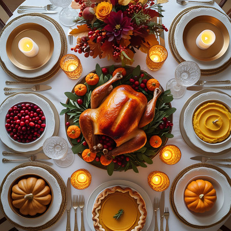 A top-down view of a bountiful Thanksgiving feast laid out on a table. A golden-brown roasted turkey is the centerpiece, adorned with mini pumpkins, cranberries, and greenery. Surrounding it are dishes of creamy mashed potatoes, a whole pumpkin pie with a lattice crust, and a bowl of cranberries. The table is illuminated by the warm glow of candles and decorated with a floral arrangement of autumn leaves and berries. Elegant place settings with white plates, gold rims, and gold napkin rings...の素材