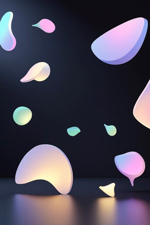 A collection of abstract, fluid 3D shapes with smooth, rounded edges are suspended in a dark, atmospheric space. The shapes exhibit soft pastel colors, transitioning through pink, purple, blue, yellow, and green, with subtle glowing light effects and iridescent qualities. They cast soft shadows and reflections on the dark, glossy surface below.の素材