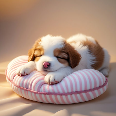 A close-up, eye-level view of an incredibly cute and fluffy puppy sleeping soundly on a pink and white striped pillow. The puppy has soft brown and white fur, its eyes are closed, and its pink nose is prominent. The lighting is soft and warm, emphasizing the puppy's peaceful slumber and creating a sense of comfort and innocence.の素材