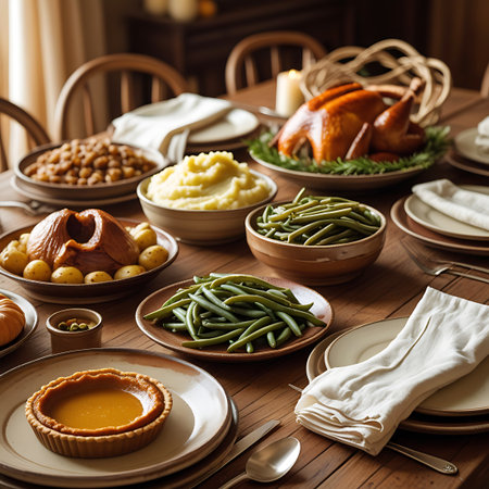 Preparation showing abundant thanksgiving feast spread on a wooden table with roasted turkey keywords: thanksgiving, dinner, table, setting, roasted turkey, pumpkin pie, mashed potatoes, green beans, chickpeas, potatoes, autumn, fall, harvest, celebration, holiday, feast, meal, food, cuisine, dining, rustic, wooden, table, rustic, chairs, candles, plates, cutlery, indoor, gathering, tradition, family, friends, festive, seasonal, delicious, gourmet, abundant, spread, home, comfort, country,...の素材