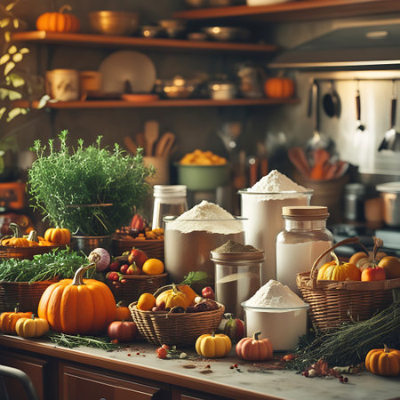 A rustic kitchen counter is laden with a bountiful harvest display. Large orange pumpkins and smaller gourds are nestled in wicker baskets alongside fresh berries and nuts. Various containers hold white flour and other baking ingredients. A lush green herb plant, possibly thyme or rosemary, adds a touch of freshness. The scene is set against a backdrop of wooden shelves filled with kitchenware, suggesting a cozy and inviting atmosphere for autumn baking and cooking.の素材