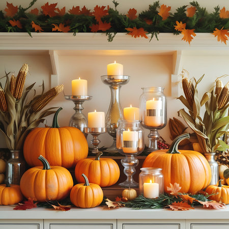 A bountiful autumn harvest display is arranged on a white shelf. Large and small orange pumpkins and gourds are prominent, interspersed with dried corn stalks. Several lit candles in glass jars and on decorative candlesticks cast a warm glow. A green garland with orange leaves drapes across the top of the arrangement, creating a festive and cozy seasonal scene.の素材