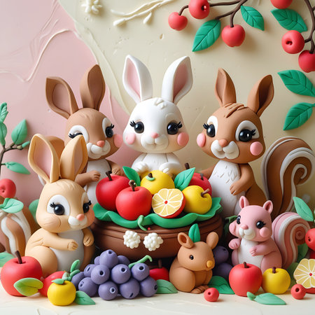 A delightful scene featuring four cartoon animals: three bunnies and two squirrels, arranged around a brown woven basket filled with an assortment of fruits including apples, lemons, and possibly berries. The characters are rendered in a charming, stylized aesthetic, reminiscent of handmade clay figures. Grapes and individual fruits are scattered on the surface around them, adding to the abundance. The background is soft and pastel, with decorative elements of branches and red berries.の素材
