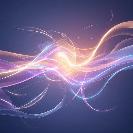 Abstract, swirling waves of light in shades of purple, pink, and gold flow dynamically across a dark blue background. The luminous lines create a sense of fluid motion and energy. Tiny, scattered points of light add depth and sparkle to the composition. The overall aesthetic is modern and ethereal, suggesting themes of technology, science, or cosmic phenomena.の素材