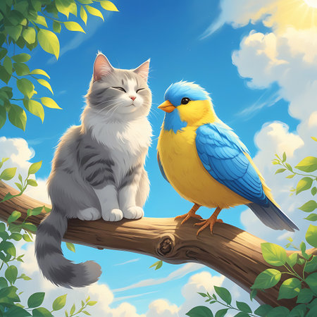 A charming illustration depicts a fluffy gray and white cat sitting peacefully on a tree branch, its eyes closed in contentment. Beside it, a vibrant yellow and blue bird with an orange beak is perched, looking towards the cat. The background features a bright blue sky with fluffy white clouds and lush green leaves framing the scene, suggesting a warm, sunny day.の素材