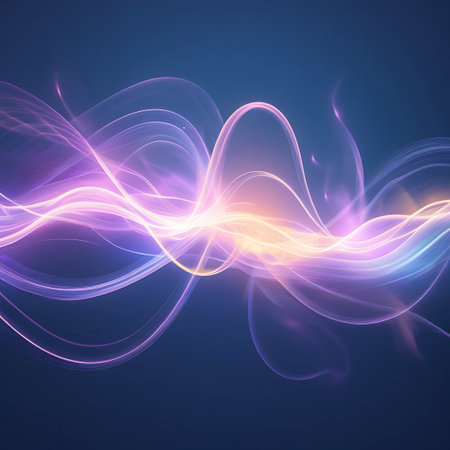 Dance showing abstract neon light waves flowing through dark blue background. High resolution image suitable for commercial use. Clear details and vibrant colors enhance visual appeal.の素材