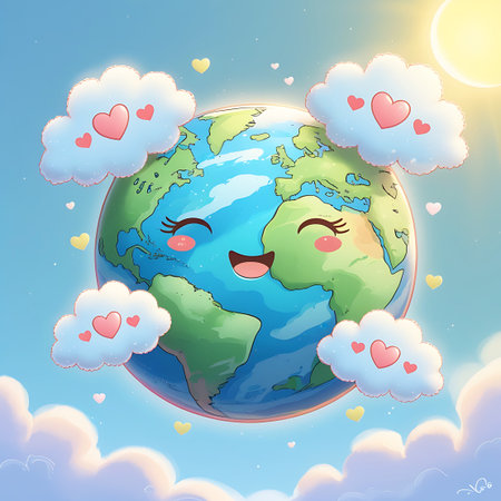 A delightful cartoon depiction of Earth with a wide, happy smile and eyes shaped like pink hearts. It is nestled among soft, fluffy clouds that also feature pink hearts. The scene is set against a clear blue sky with the sun shining brightly, and small yellow hearts are scattered throughout.の素材