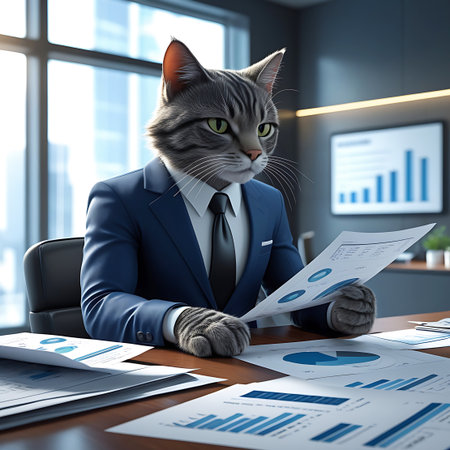 An anthropomorphic grey cat wearing a sharp blue suit and tie sits at a wooden desk in a modern office. The cat is focused on reviewing financial charts and reports spread across the desk. Large windows in the background offer a glimpse of a city skyline. The image conveys a sense of professionalism, intelligence, and corporate ambition, blending animalistic features with a human business setting.の素材