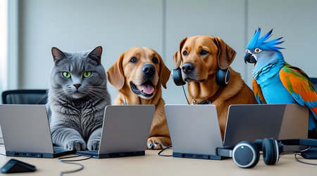 A grey cat with green eyes sits to the left of a laptop. Next to it, two dogs are also at laptops, one wearing headphones. A blue and yellow macaw parrot is on the right. They are all in an office environment, suggesting a collaborative work session or a virtual meeting.の素材