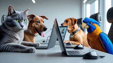 A grey cat with green eyes is in the foreground, looking towards the viewer. Behind it, two dogs and a blue and yellow macaw parrot are gathered around laptops on a desk in an office setting. The animals appear to be engaged in a meeting or working on a project together, with laptops open and mice on the table.の素材
