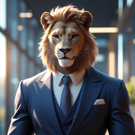 This image features an anthropomorphic lion dressed in a formal blue suit, white shirt, and a patterned blue tie. The lion is positioned facing directly forward, with its intense gaze and regal mane dominating the frame. The background is a softly blurred modern office environment, with hints of light and architectural lines, emphasizing the subject's presence.の素材