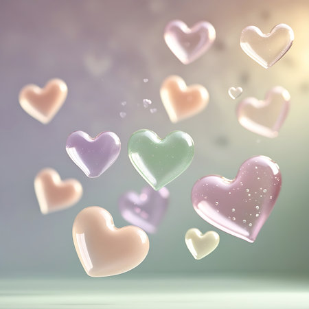 A collection of translucent, heart-shaped objects are suspended and floating in a soft, ethereal atmosphere. The hearts are rendered in various pastel colors including pink, purple, green, and yellow, and some contain small, delicate bubbles, suggesting a liquid or gel-like substance within. The lighting is soft and diffused, creating a dreamy and gentle mood. The background is a blurred gradient of pastel colors, adding to the overall sense of lightness and elegance.の素材