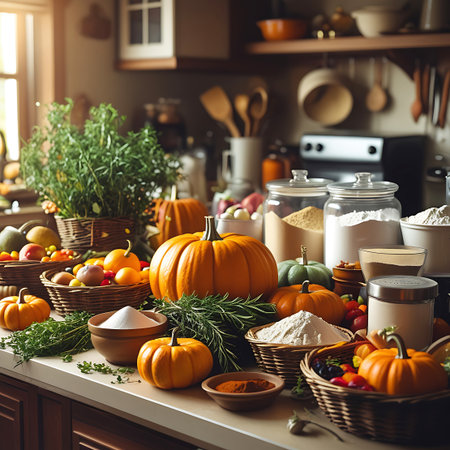 A rustic kitchen countertop is laden with an abundant autumn harvest. Large orange pumpkins and smaller gourds are arranged alongside woven baskets filled with colorful fruits and vegetables like apples, oranges, and tomatoes. Fresh herbs, including rosemary, are in pots and bunches. Bowls of white flour and sugar, along with jars of ingredients, suggest preparation for baking. The scene is bathed in warm sunlight streaming from a window, creating a cozy and inviting atmosphere.の素材