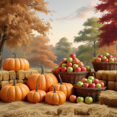 A vibrant autumn harvest scene showcases a collection of pumpkins and apples. Several pumpkins are placed on and around stacked hay bales, with three woven baskets filled with red and green apples. The background is a lush display of trees adorned with colorful fall foliage in shades of orange, red, and yellow, under a soft, cloudy sky. The composition highlights the rich colors and textures of the season.の素材