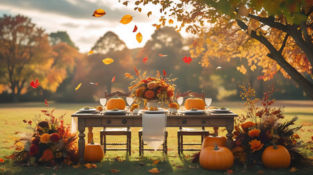 An inviting outdoor dining table is set for a Thanksgiving feast amidst a backdrop of autumn foliage. Pumpkins and gourds are arranged around the table, along with a vibrant floral centerpiece. Fallen leaves scatter across the grass, and the warm glow of the sun suggests a perfect fall day for a celebratory meal.の素材