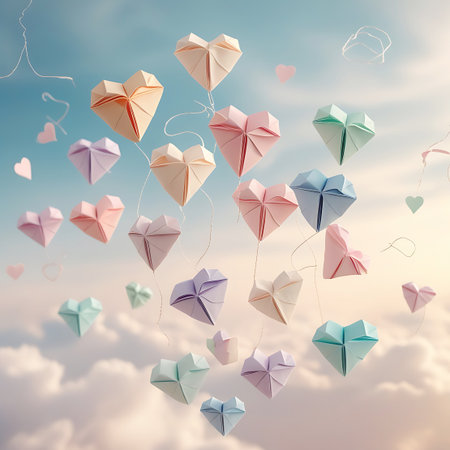 Numerous origami hearts in a variety of pastel colors, including pink, purple, green, yellow, blue, and peach, are depicted floating in a sky filled with soft, white clouds. Thin strings trail from some of the hearts. The overall mood is light, airy, and whimsical, with a gentle, diffused light illuminating the scene. The image evokes feelings of joy and lightness.の素材