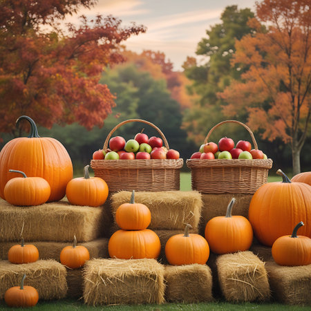 A bountiful autumn harvest scene is presented with an assortment of pumpkins and apples arranged on stacked hay bales. Two woven baskets overflow with red and green apples. Large pumpkins and smaller gourds are scattered across the hay, with a backdrop of vibrant fall foliage in shades of orange and red. The scene evokes a feeling of abundance and the warmth of the autumn season.の素材