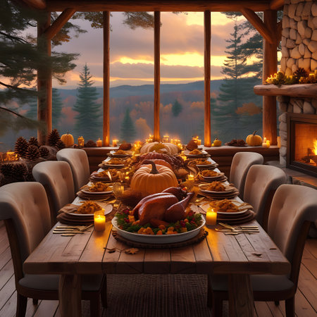 An abundant autumn harvest feast is laid out on a wooden table in a rustic log cabin. The table is decorated with pumpkins, a roasted turkey, and lit candles. A stone fireplace provides a warm ambiance on the right, and through the expansive windows, a scenic mountain landscape is visible during twilight, showcasing the beauty of the fall season.の素材