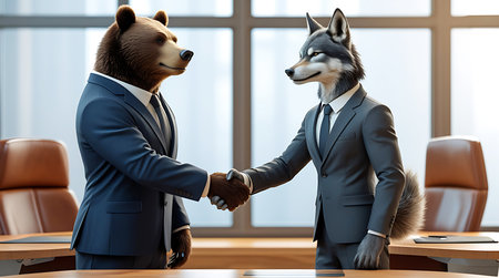 A bear and a wolf, both anthropomorphically depicted wearing dark business suits and ties, are engaged in a handshake across a wooden table. They are in a well-lit office meeting room with large windows in the background and leather chairs visible. The scene suggests a business agreement or partnership.の素材
