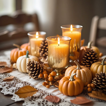 A close-up view of an autumnal table centerpiece featuring three lit candles in glass holders, surrounded by mini pumpkins of various colors, pinecones, dried leaves, and small orange berries. The arrangement is set on a white lace doily atop a wooden table, creating a warm and festive atmosphere.の素材