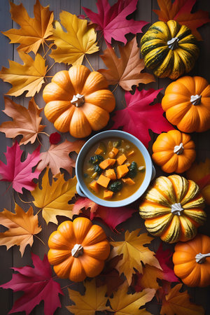 An overhead view of a rustic wooden table adorned with vibrant autumn leaves in shades of red, orange, and yellow. In the center, a bowl of hearty autumn soup, filled with cubed squash and green vegetables, is surrounded by several plump pumpkins and decorative gourds. The scene evokes a warm and cozy feeling of the fall harvest season.の素材